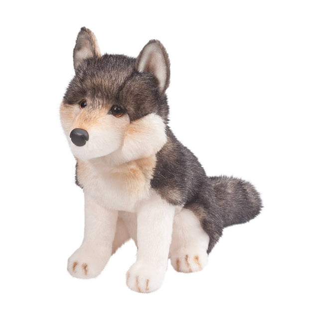 Wolf Atka plush toy with soft realistic fur, golden eyes, and detailed airbrushing, perfect for cuddling and kids ages 2 and up.