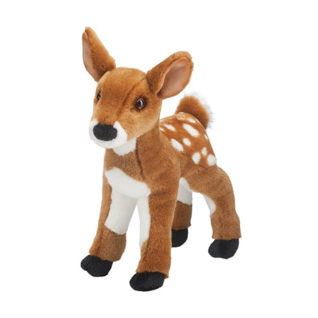 Fawn plush toy standing 10 inches tall with white spots and black nose, soft and perfect for kids ages 3 and up.