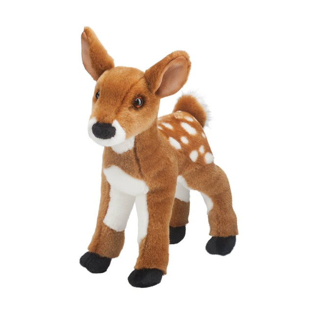 Fawn plush toy standing 10 inches tall with white spots and black nose, soft and perfect for kids ages 3 and up.