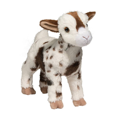 Goat Gerti plush toy with spotted coat, realistic pose, soft plush, and stitched facial details, perfect for cuddling and play.