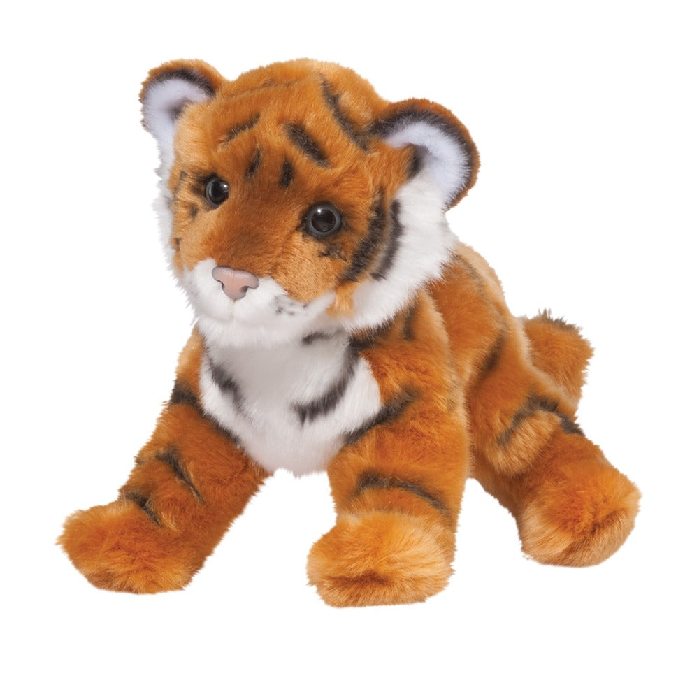 Bengal Tiger Pancake plush with soft orangey striped fur, white chest, and sweet eyes, perfect for snuggles.