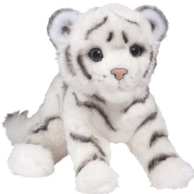 White Tiger Silky plush toy with soft white fur, blue eyes, airbrushed stripes, and a cuddly, weighted body.