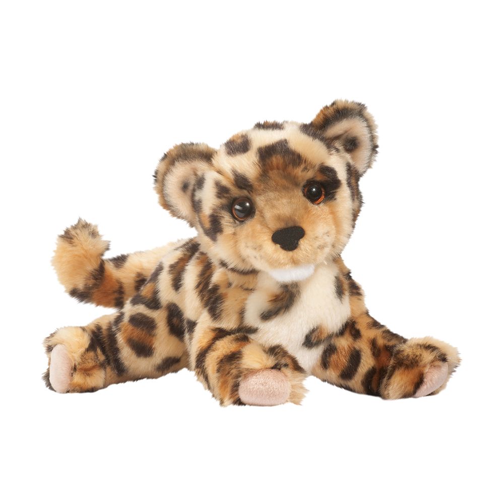 Plush Leopard Cub Spatter lying down with spotted fur, amber eyes, and a soft, cuddly appearance for all ages.