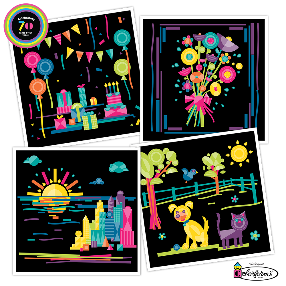 Colorforms 70th Anniversary set featuring colorful, repositionable shapes creating scenes of a party, flowers, cityscape, and pets.