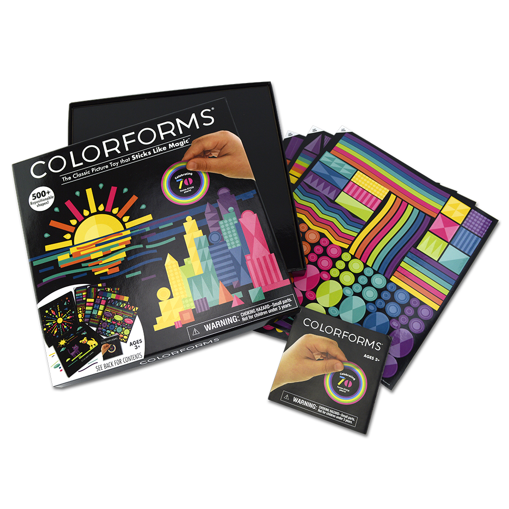 Colorforms 70th Anniversary set with colorful repositionable shapes and scenes for creative play and storytelling.