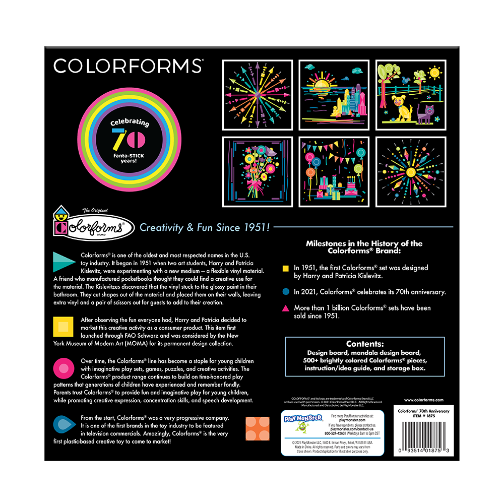 Colorforms 70th Anniversary set packaging showing colorful scenes and repositionable shapes for creative play.