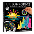 Colorforms 70th Anniversary set with 500+ repositionable shapes and vibrant city and sunset scenes for creative play.