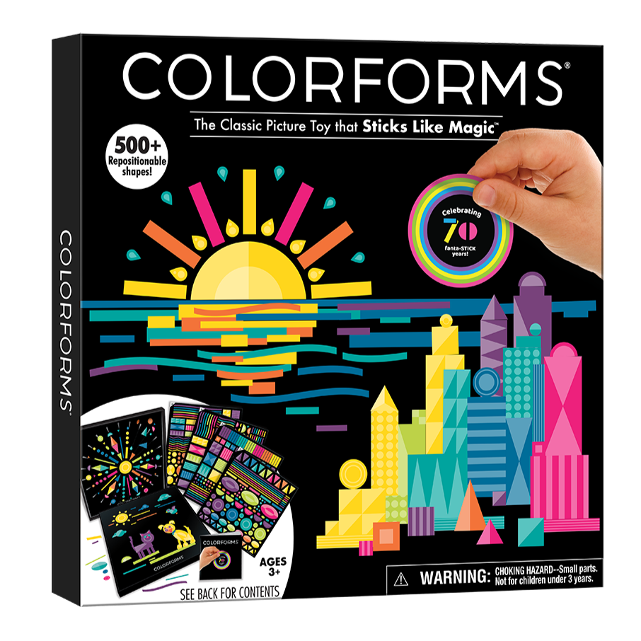 Colorforms 70th Anniversary set with 500+ repositionable shapes and vibrant city and sunset scenes for creative play.