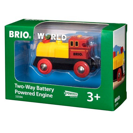 Battery-Powered Two-Way Engine in red and yellow with forward/reverse function and headlight, suitable for ages 3 and up.