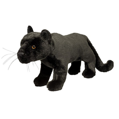 Black Panther Jagger plush toy with soft black fur, golden eyes, whiskers, and an elegant curled tail for jungle play.