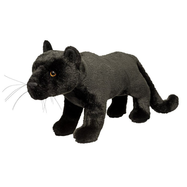 Black Panther Jagger plush toy with soft black fur, golden eyes, whiskers, and an elegant curled tail for jungle play.