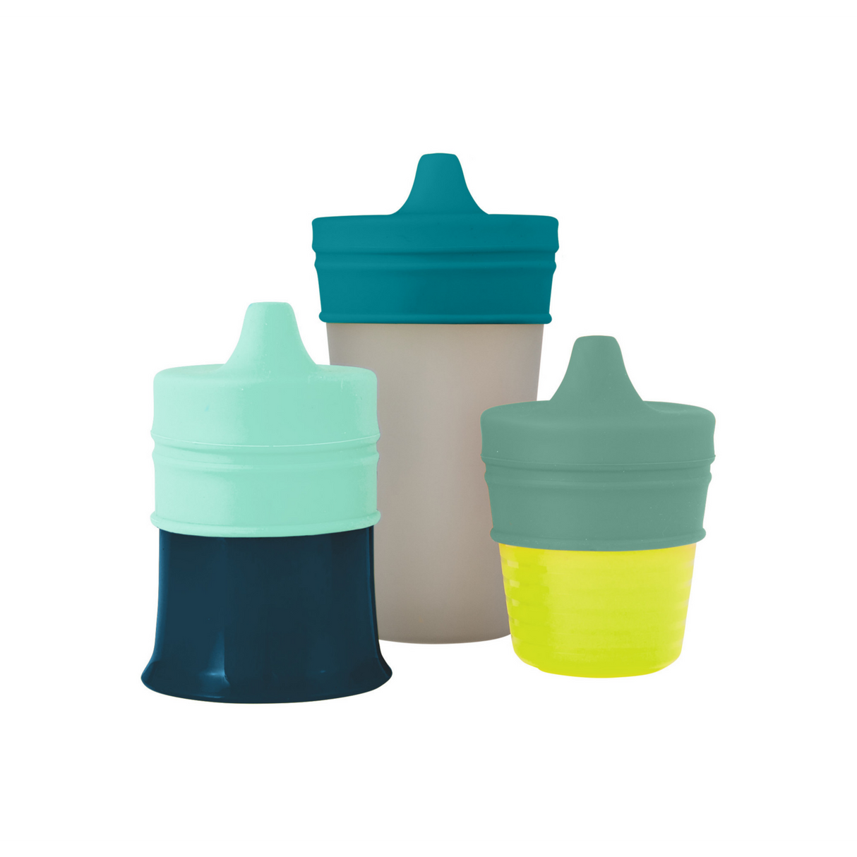 SNUG Spout Sippy Lids Greens in three sizes fit most cups to prevent spills with flexible silicone lids.
