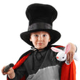 Child wearing Magician Hat w/Rabbit holding a wand and plush white rabbit in magician costume.