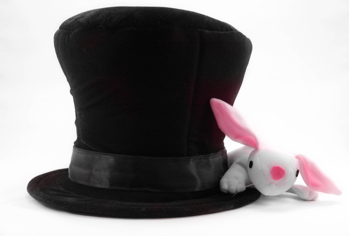 Magician Hat w/Rabbit with plush white rabbit and hidden pocket in black velvety fabric for kids’ magic shows.