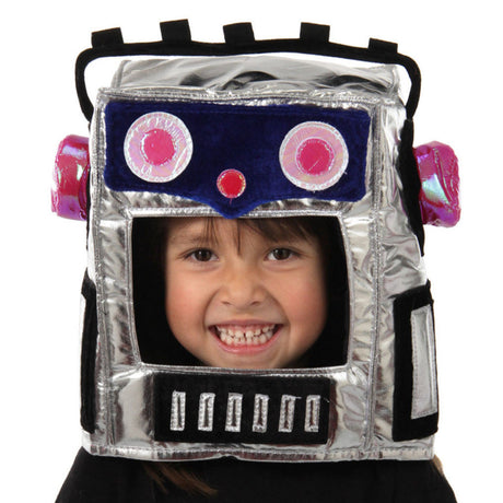 Child wearing a shiny silver Robot Hat with pink and blue details, transforming into a friendly robot costume.