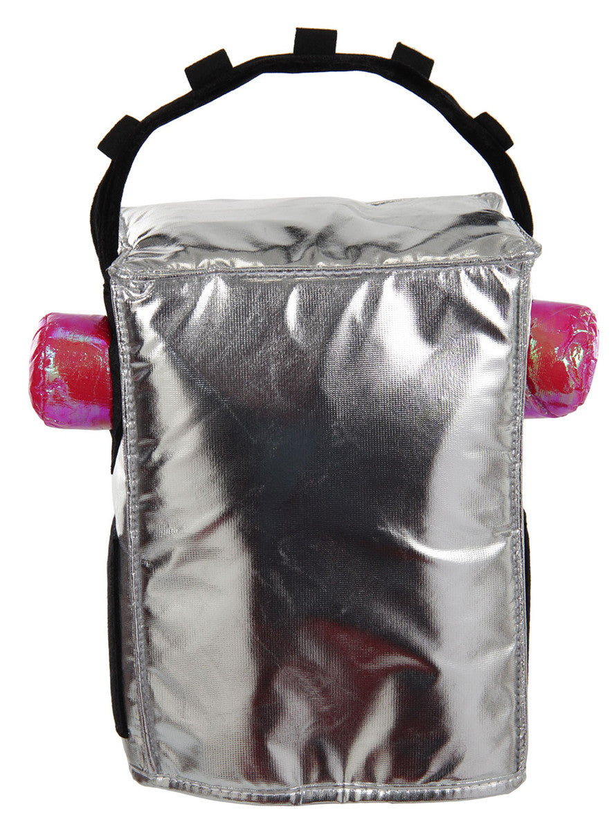 Kids shiny silver Robot Hat with pink ear details and black headband strap for imaginative play.