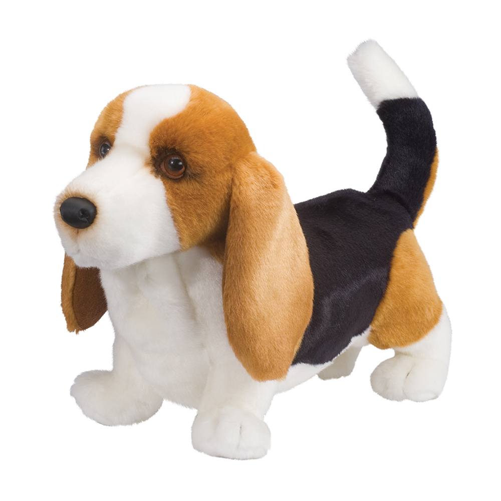 Basset Hound Harold stuffed dog with tri-color fur and droopy ears, 16-inch plush toy by Douglas, machine washable.