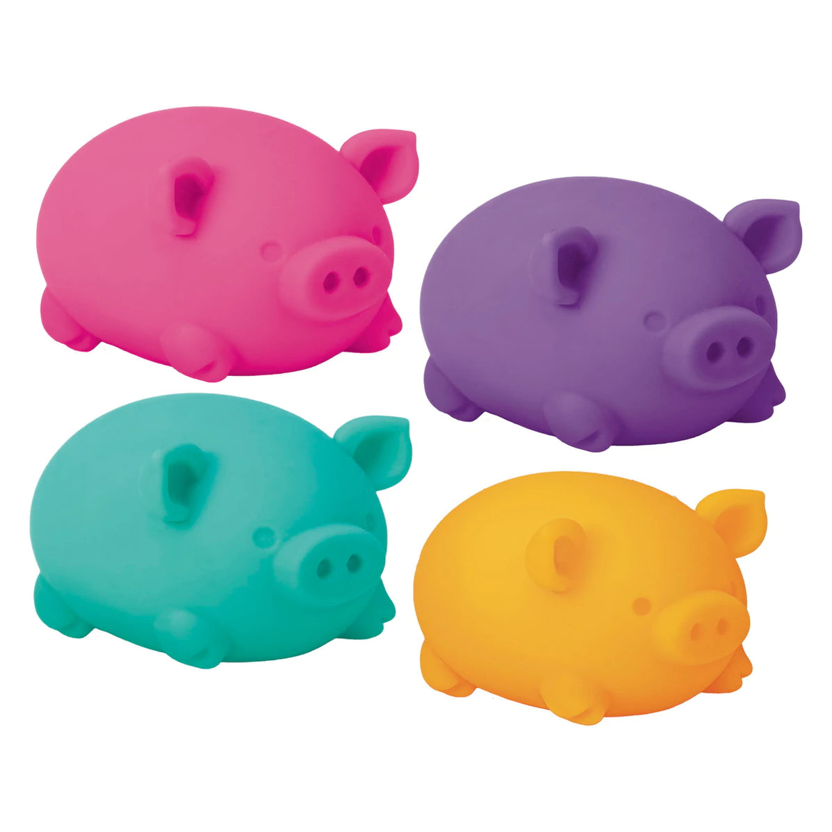 Four colorful Nee Doh Dig It Pig stress balls in pink, purple, teal, and yellow for squeezing and stress relief.