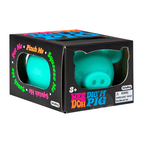 Schylling Nee Doh Dig It Pig stress ball in teal, packaged in a black box with colorful text and cutout window.