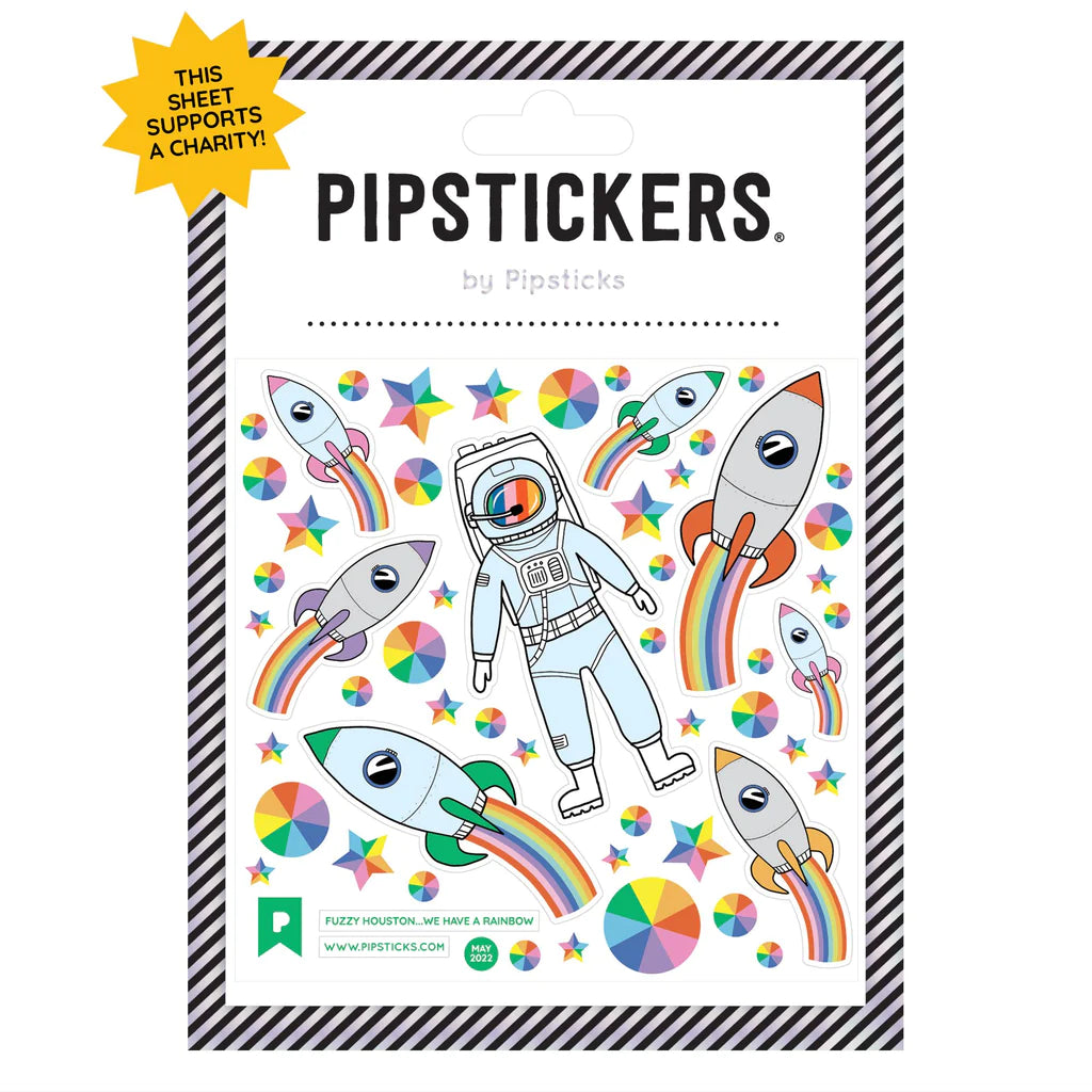 Houston.. We Have A Rainbow Fuzzy Stickers featuring colorful fuzzy astronauts and rockets on a clear backing sheet.