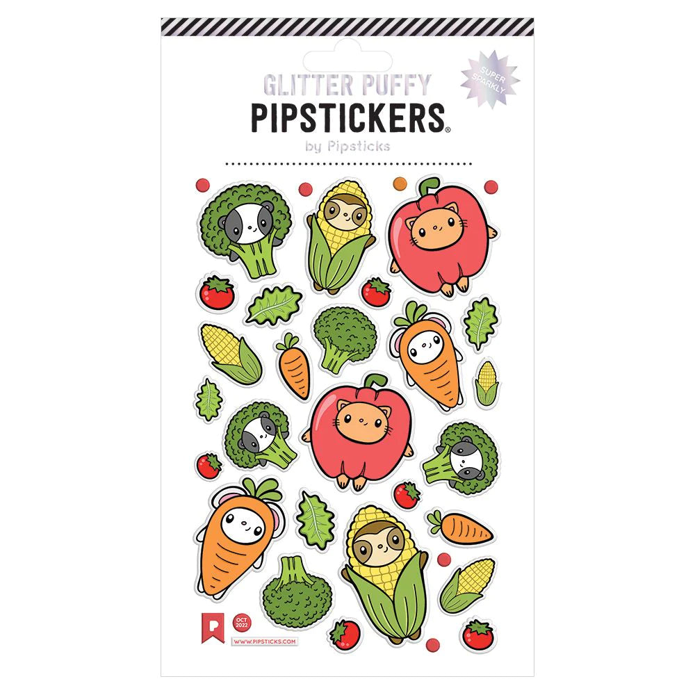 Gleeful Garden Puffy Stickers featuring kawaii veggie animal designs with glitter accents on a 4x6 inch sheet.