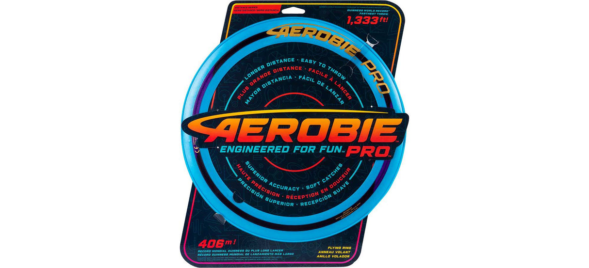 Aerobie Pro Ring in bright blue with packaging, featuring aerodynamic design for long throws and soft catches.
