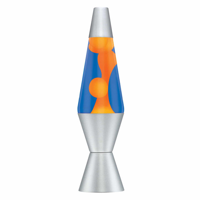 Lava Lamp | Orange & Blue with orange wax in blue liquid, silver aluminum base, soft warm light, and mesmerizing wax movement.