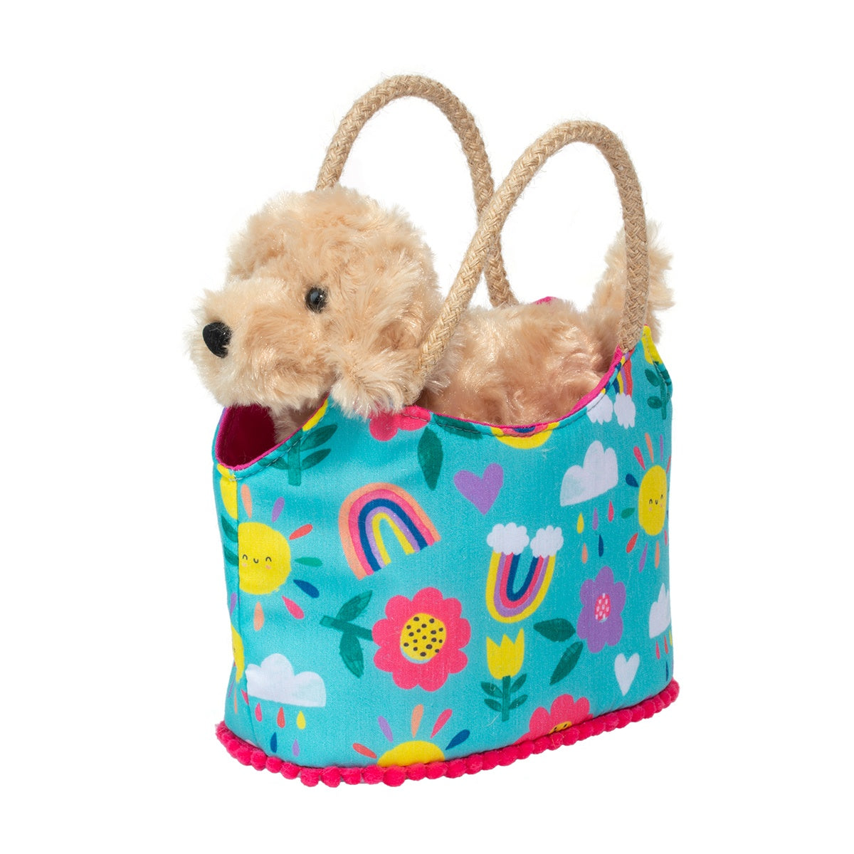 PetSak Happy Day Golden featuring a bright blue bag with sunshines, rainbows, and a plush Golden Retriever inside.