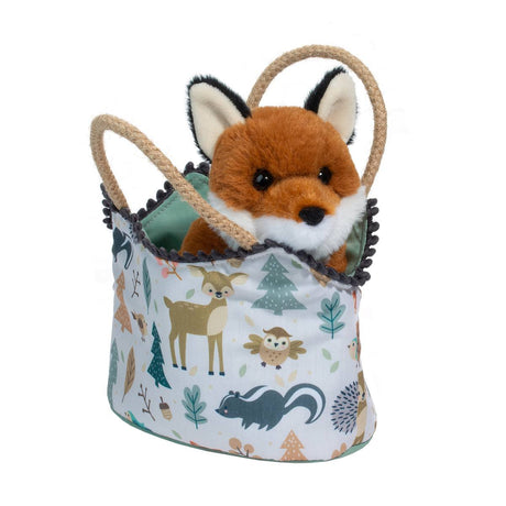 Pet Carrier Magical Forest Fox with plush red fox inside a nature-themed woodland animal print bag and rope handles.