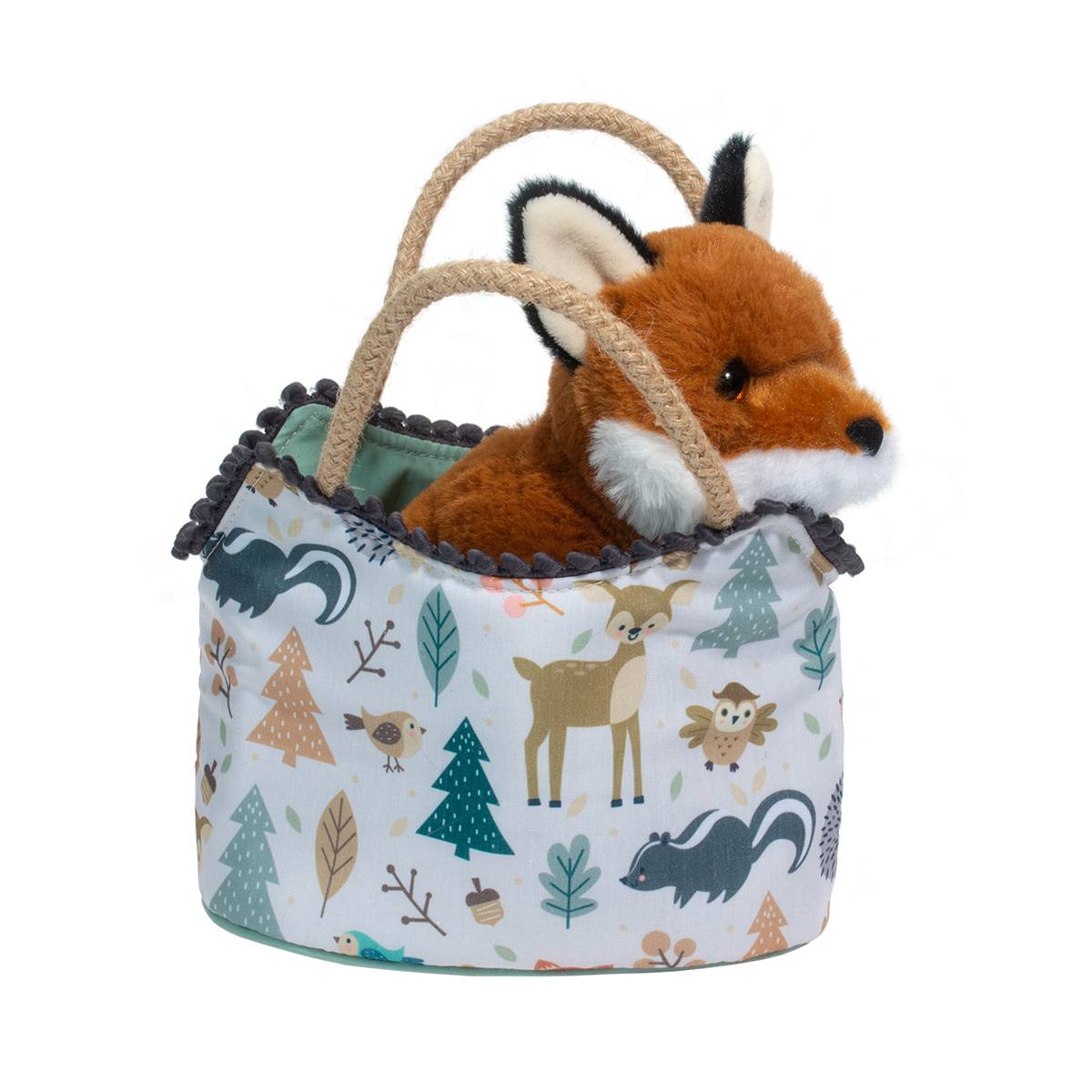 Soft plush red fox peeks from the nature-themed Pet Carrier Magical Forest Fox with woodland animal print and comfortable handles.