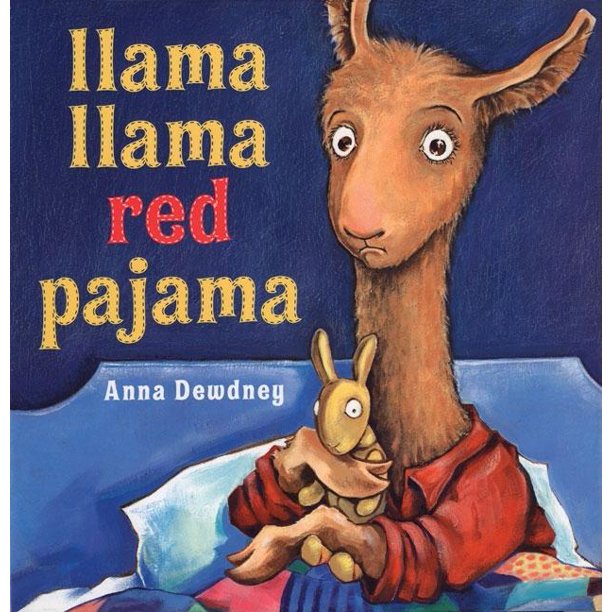 Llama Llama Red Pajama book cover showing Baby Llama in red pajamas holding a stuffed animal in bed.