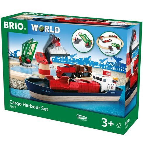 BRIO World Cargo Harbor Set featuring a cargo ship, train, and crane on a harbor playset for ages 3 and up.