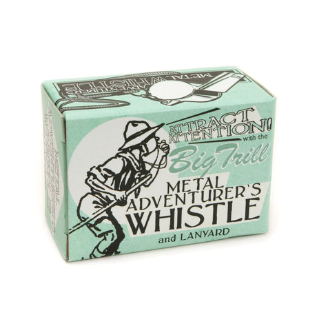 Adventurer's Whistle in a vintage-style box featuring an explorer illustration and metal whistle text branding.