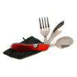 Adventurer's Pocket Folding Knife, Fork & Spoon with red handle, fork, knife, spoon, and black pouch for camping use.