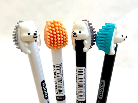 Hedgehog Gel Pen with push down retractable tip and soft sensory rubber brush back in assorted colors.