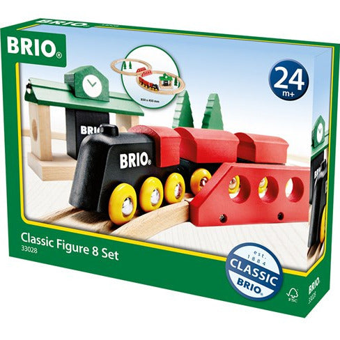 BRIO Classic Figure 8 Set wooden train starter set with engine, station, tracks, trees, and crossing bridge for kids 2+