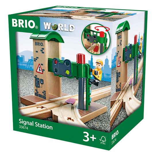 BRIO Signal Station with red knob to switch tracks and poseable figure for interactive train play, ages 3 and up.