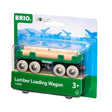 Lumber Loading Car with eight wheels carrying wooden logs, perfect for BRIO train tracks, suitable for ages 3+