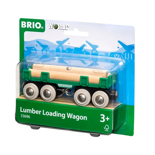 Lumber Loading Car with eight wheels carrying wooden logs, perfect for BRIO train tracks, suitable for ages 3+