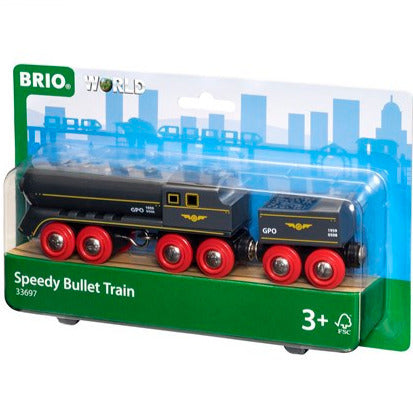 Speedy Bullet Train toy by BRIO with coal tender wagon and red wheels, perfect for kids ages 3 and up.