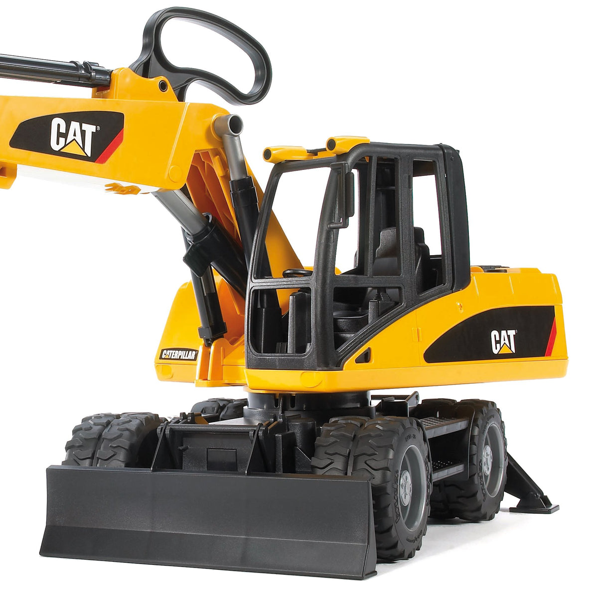 CAT Wheeled Excavator toy with movable boom, stabilizer legs, and tread tires, designed for realistic play and versatility.