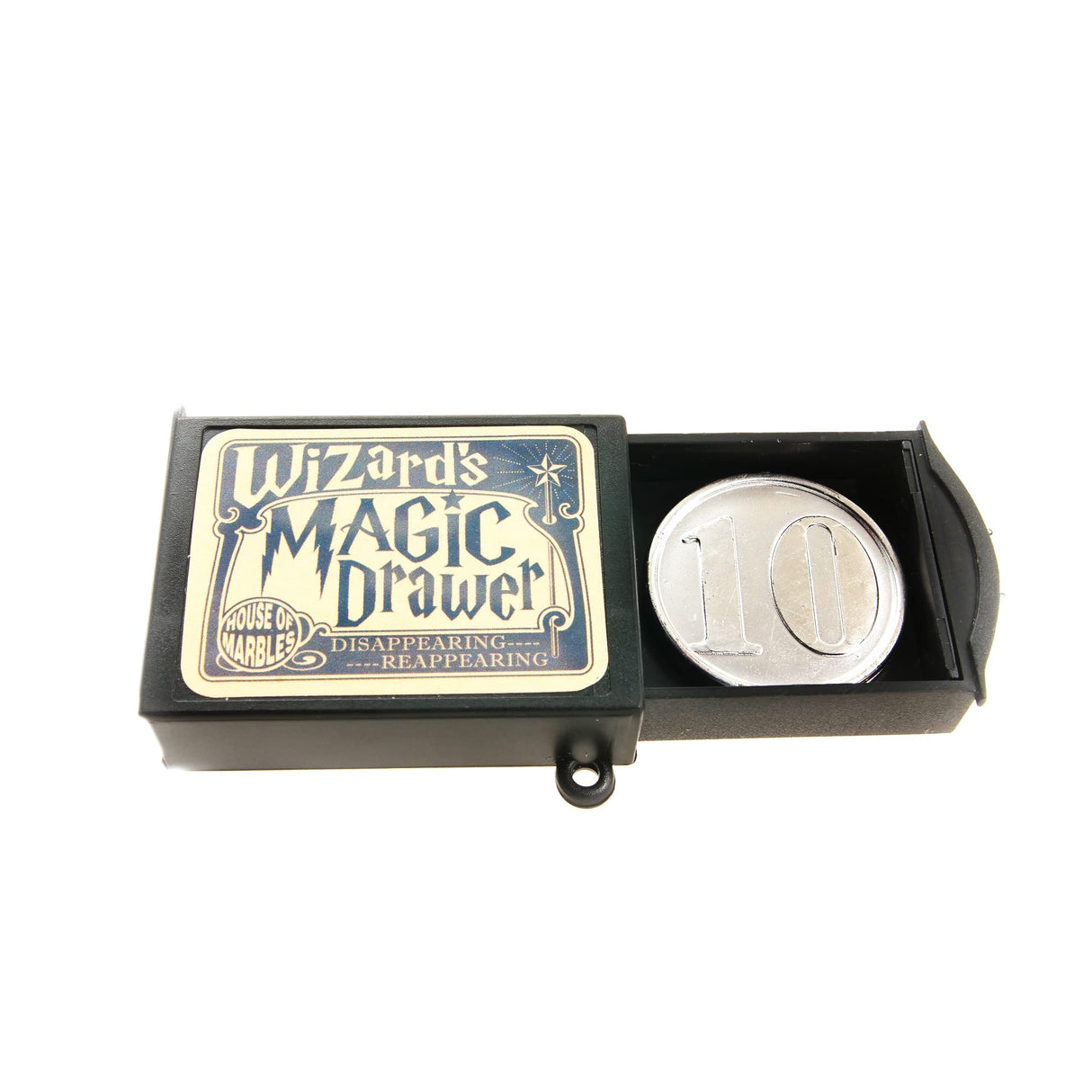 Wizard's Magic Drawer trick with a sliding drawer revealing a disappearing coin illusion toy.