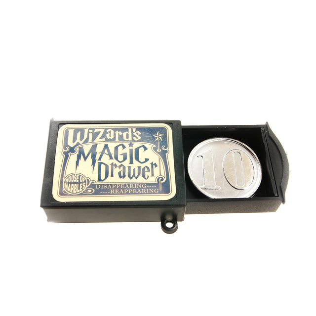Wizard's Magic Drawer trick with a sliding drawer revealing a disappearing coin illusion toy.