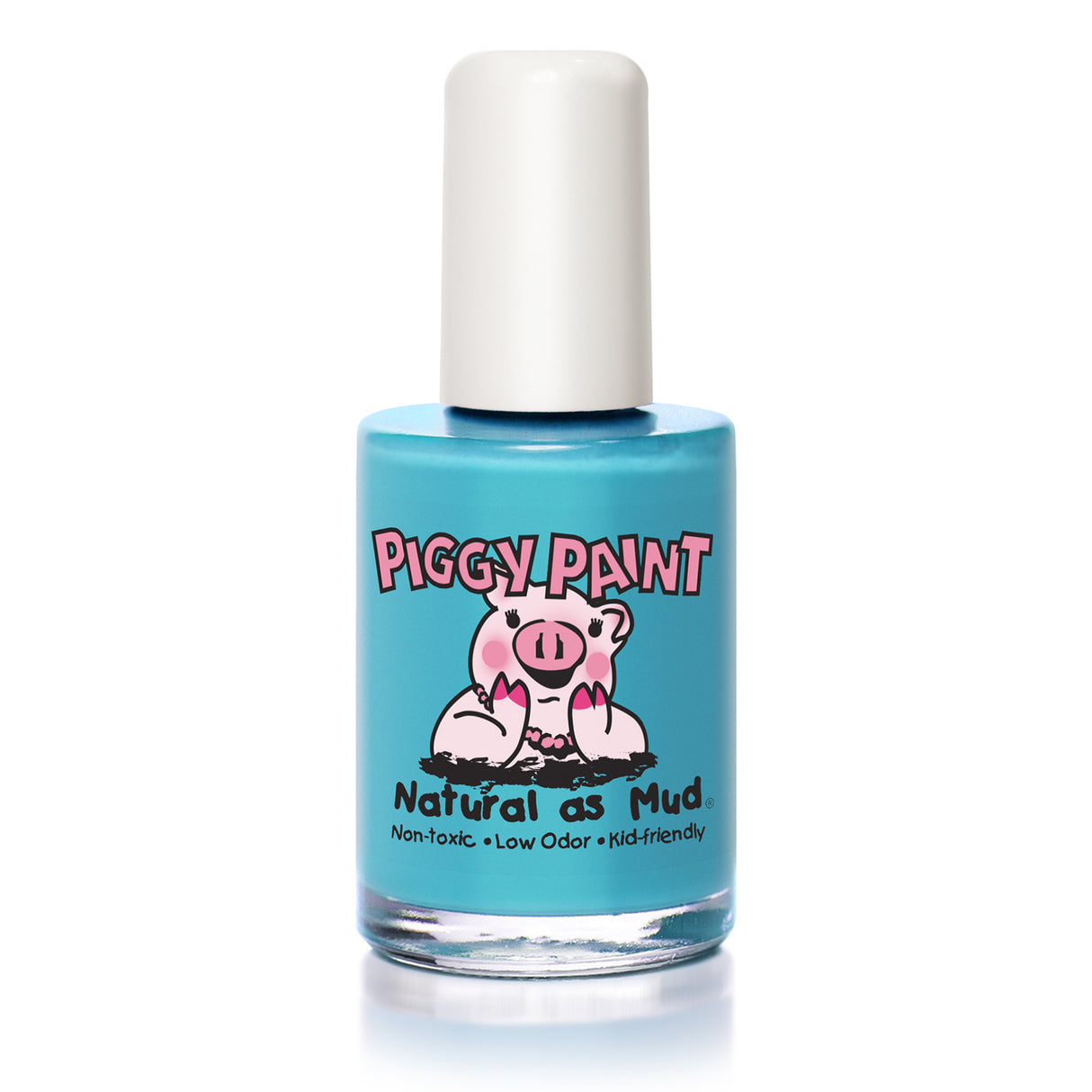 Nail Polish Sea-Quin bright matte pastel turquoise bottle with white cap and Piggy Paint logo on clear glass