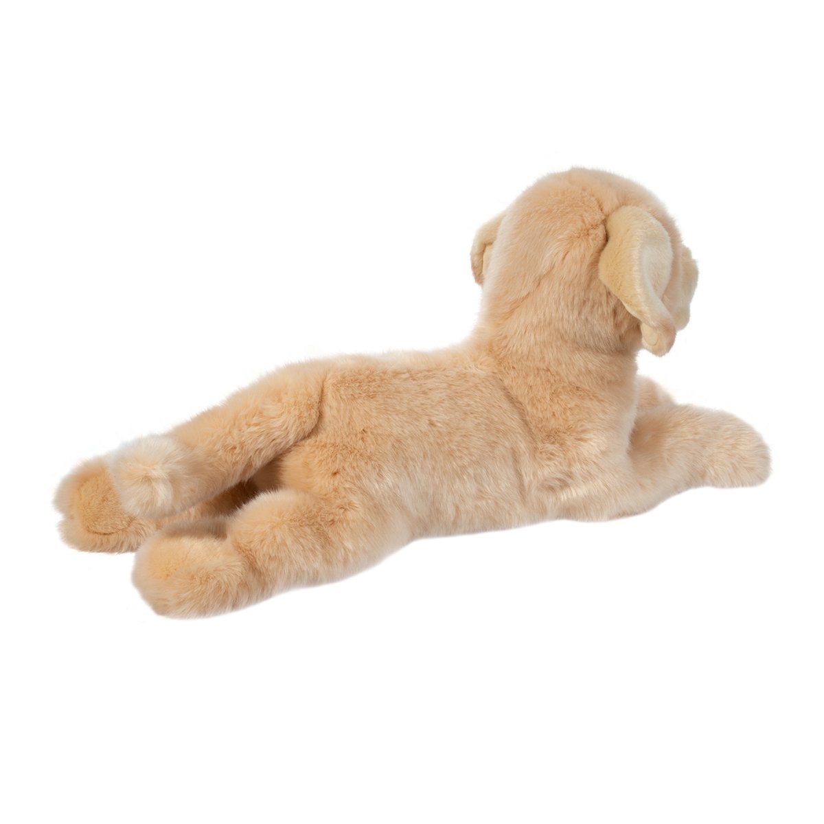 Yellow Lab Lettie plush toy lying down, soft cream fur, detailed ears and paws, cuddly and lifelike stuffed animal.