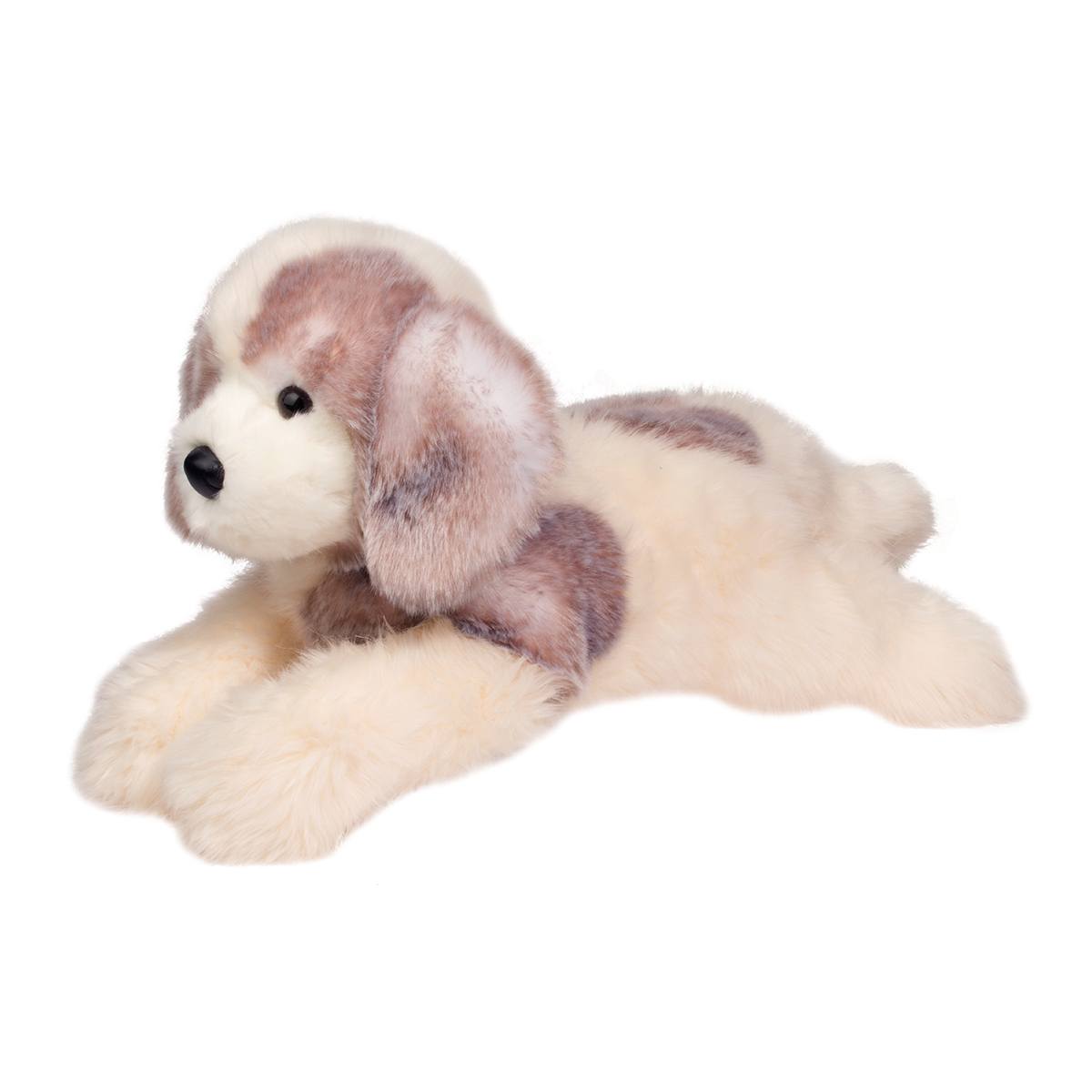 Soft plush Great Pyrenees River stuffed puppy with gentle brown eyes and floppy body, perfect for hugs.