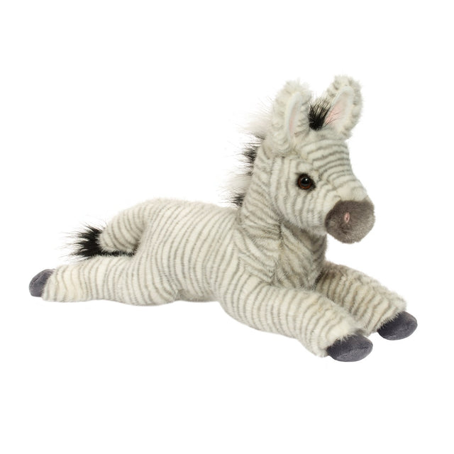Zebra Zelda plush in striped black, gray, and white coat, soft pillow-like form with pink airbrushed ears and striped mane.
