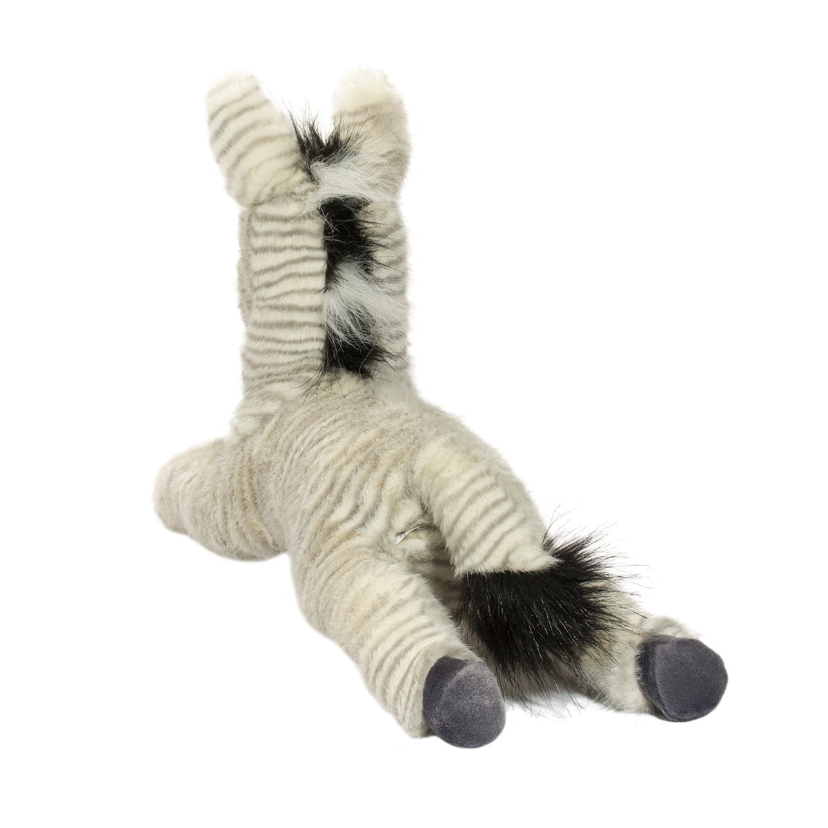 Zebra Zelda plush toy lying down showing striped coat, black and white mane, and soft weighted feet.