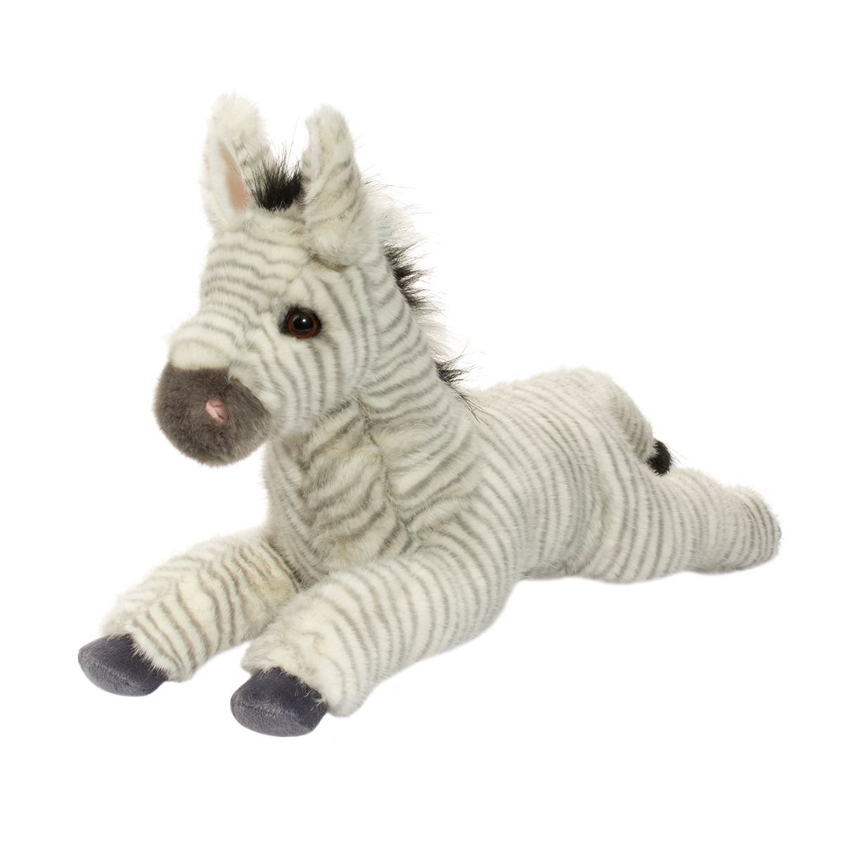 Zebra Zelda plush toy in striped black, gray, and white with pink airbrushed ears and a whimsical mane.