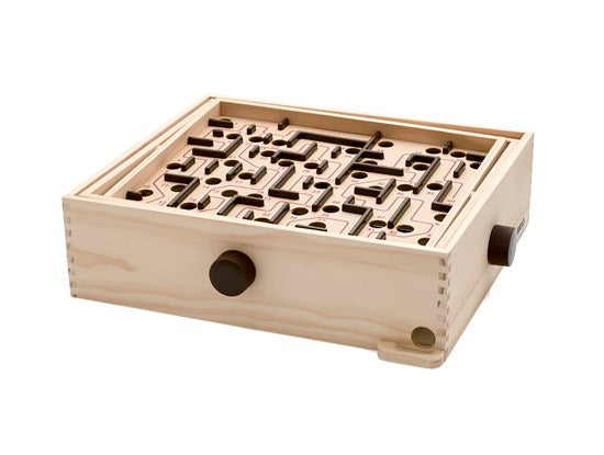 Labyrinth wooden maze game with twist handles to guide metal ball through obstacles for fun and skill development.